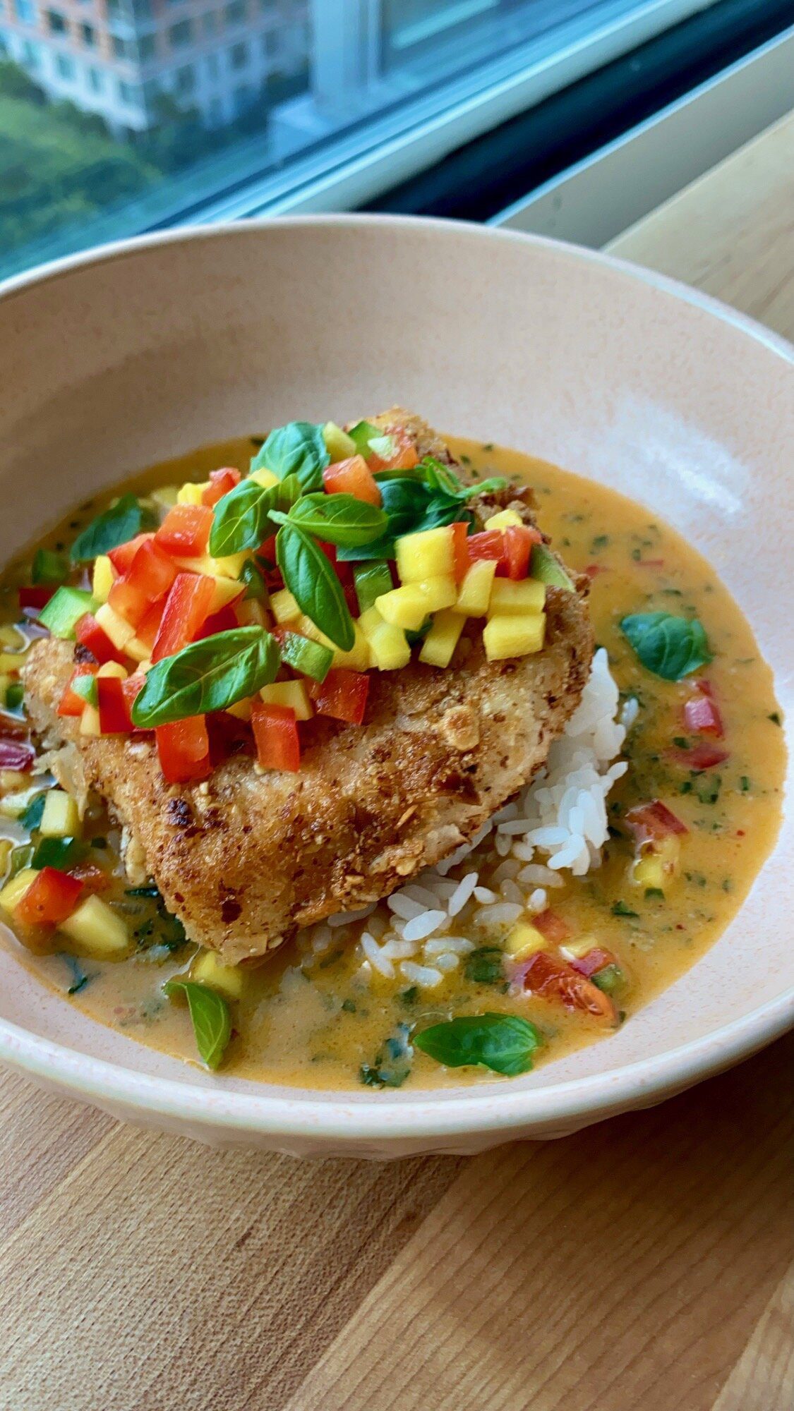 Almond Coconut Crusted Halibut with Massaman Basil Curry Sauce