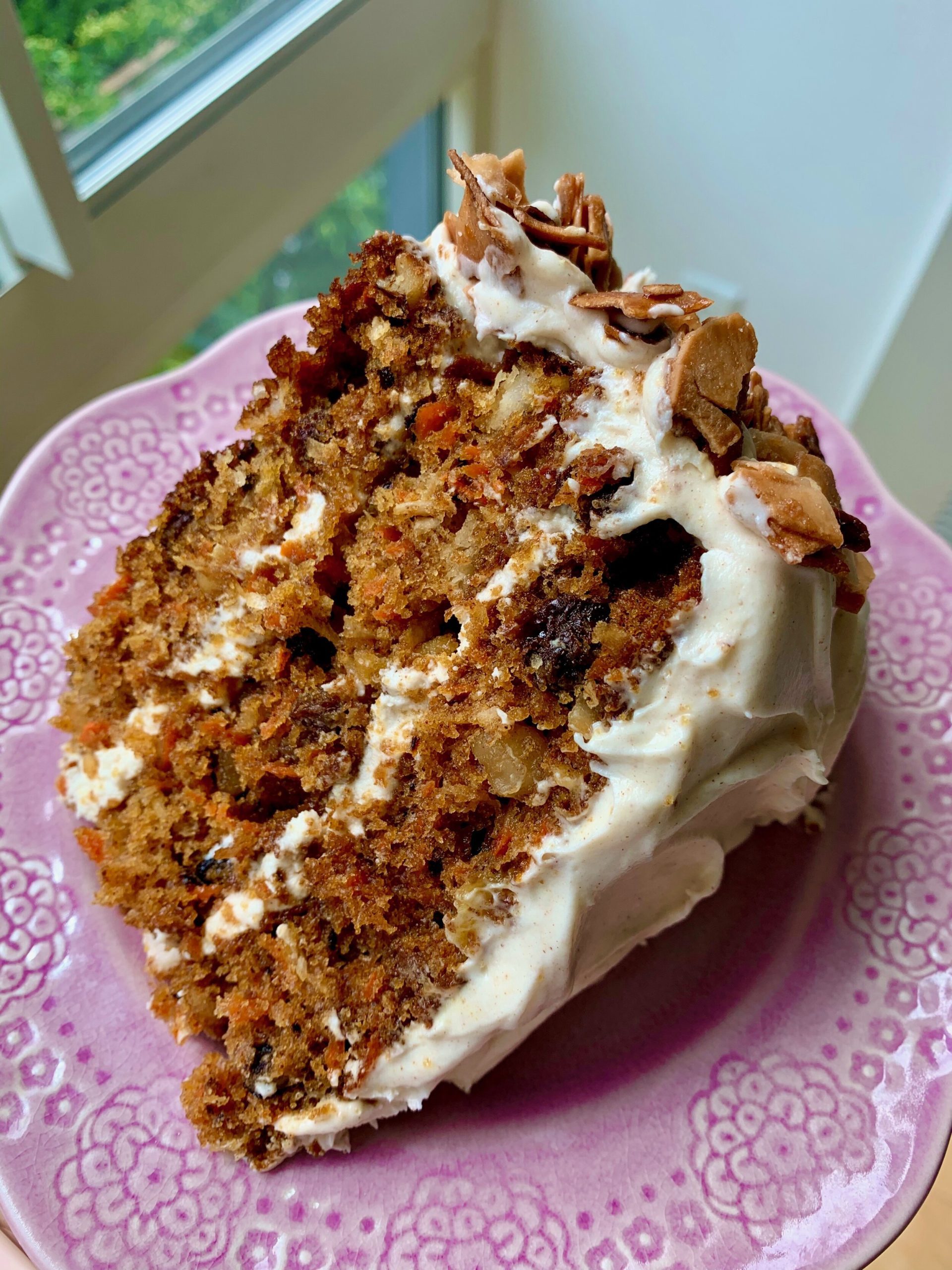 Carrot Cake with Cinnamon Cream Cheese Frosting and Crunchy Coconut Chips