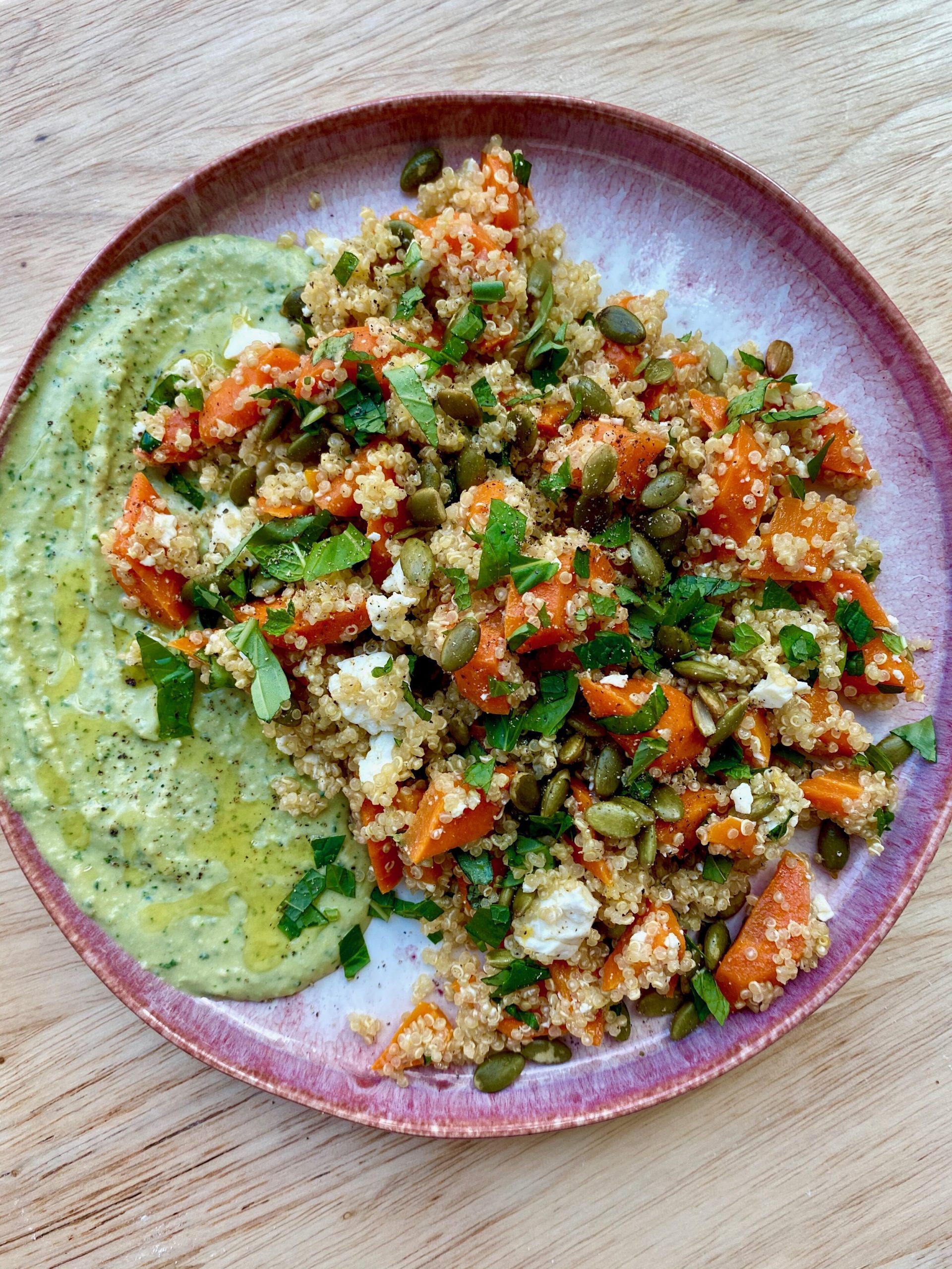 Carrot, Feta & Quinoa Salad with Mint Basil Hummus